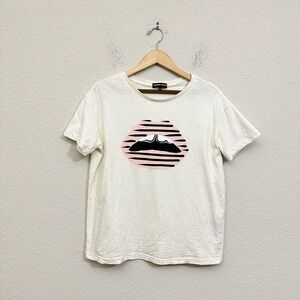 MARKUS LUPFER Striped Pink Lip Tee T-shirt in Ivory